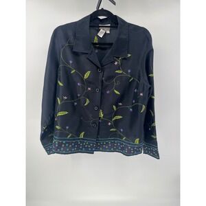 Coldwater Creek Black 100% Silk Embroidered Floral Button Down Shirt Womens L